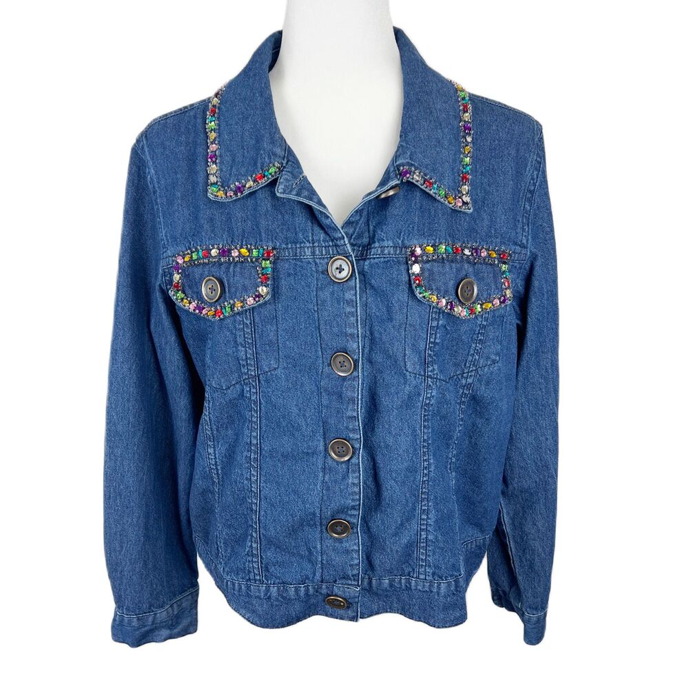 Vintage Julia Kim Denim Jacket Women Large Blue Jean Rainbow Beads Button Up
